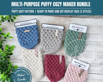 Crochet Pattern and Display Tag Maker Bundle, Multi-Purpose Puffy Cozy Pattern, Ready to Print Display tags 5 styles, Quick Crochet Project