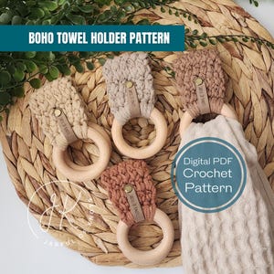May include: Three crocheted towel holders in beige, brown, and rust colours with wooden rings. The holders have leather tags with the text "Jarful of Knots". Digital PDF Crochet Pattern.