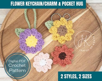 Flower Keychain Charm and Pock Hug Crochet Pattern: Sunflower, Daisy, Poinsettia (PDF Pattern)