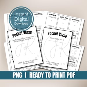以下が含まれることがあります： 白地に黒文字で書かれた、印刷可能なポケット聖句カード。カードには、「私のくびきを負い、そして私から学びなさい。私は柔和で心の謙虚だからです。そうすれば、あなたは自分の魂のために休息を見つけるでしょう。」- マタイ 11:29 (ESV) や、「心の清い者は幸いです。彼らは神を見るからです。」- マタイ 5:8 (NKJV) などの聖句が書かれています。