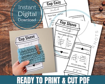 Digital Download, Coffee Cup Cozy/Sleeve Display Tag, Ready to Print and Cut, PNG, Crochet Cup Sleeve or Cozy Display Tag, Crochet markets