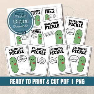 Descarga digital, tarjetas de San Valentín con Pickle Punny, listas para imprimir y cortar, PNG, etiquetas de exhibición de amigurumi, San Valentín de clase, San Valentín lindo, juego de palabras