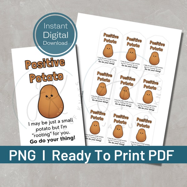 Digital Download, Positive Potato, Ready to print PDF, Potato Puns, Crochet Positive Potato Display Cards