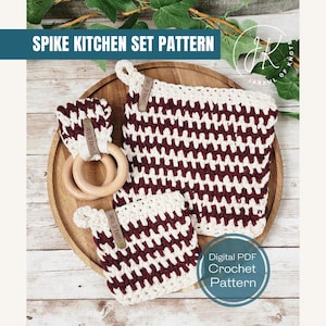 May include: A crochet kitchen set pattern featuring a pot holder, two hot pads, and a wooden ring. The pattern is in a burgundy and white color scheme. The pattern is called "Spike Kitchen Set Pattern" and is by "Jarful of Knots".