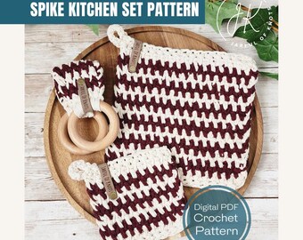 Crochet Pattern, Spike Kitchen Set Pattern, Towel Holder, Pot Holder, and Coaster Pattern, Crochet Kitchen  Set, Crochet Towel Holder