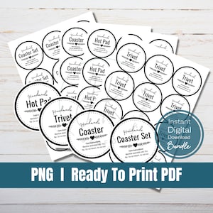 Download digital, etiquetas de exibição para porta-copos/trivet/almofada térmica, 4 estilos, prontas para imprimir e cortar, arquivo PNG, arquivo PDF, arquivos de crochê, etiquetas de embalagem