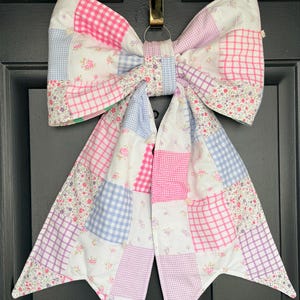 Giant Bow, 2 Bows in One,Vintage Patchwork quilt, Reversible to Easter Theme fabric Repurposed, Cottage Core, Front Door ,Farmhouse bow