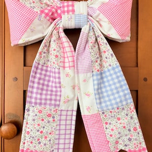 Bow, Vintage Quilt Bow, Fabric Bow, Spring Decor,, Easter Decor, Farmhouse Bow, Cottage Core, Wreath Bow, Front Door Decor, Pink Gingham