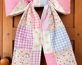 Bow, Vintage Quilt Bow, Fabric Bow, Spring Decor,, Easter Decor, Farmhouse Bow, Cottage Core, Wreath Bow, Front Door Decor, Pink Gingham