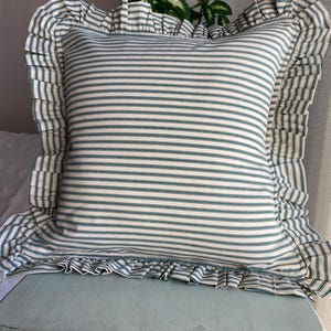 Pillow With Ruffle, Ruffle Pillow, Handmade in the USA, Green Stripe pillow , Ticking Stripe