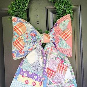 Vintage Quilt Bow, Feedsack Fabrics and madras plaid, Extra large 18”across,Hanging 21” in length,Door decor,Cottage Core, Wreath Bow