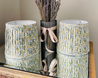 Hand Block Print Pleated Lampshade, Sage Floral Fabric, Custom Table Lamp Shade
