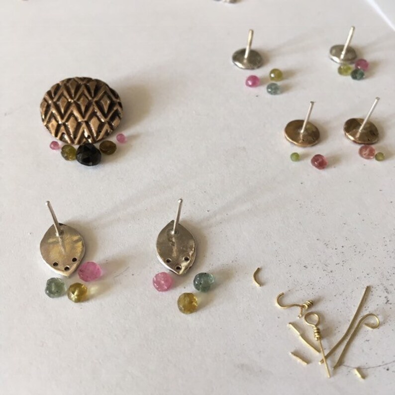 sterling silver stud earrings of vintage style with tourmaline SGRAFFITI everyday minimal jewelry tiny gift for any women