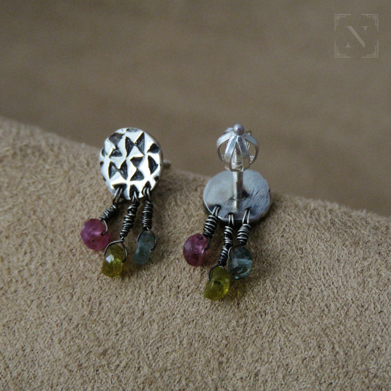 sterling silver stud earrings of vintage style with tourmaline SGRAFFITI everyday minimal jewelry tiny gift for any women