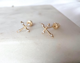 Dainty Cross Earring in 14k Solid Gold Religious Stud Cross Conch Earring, Minimalist Jewelry