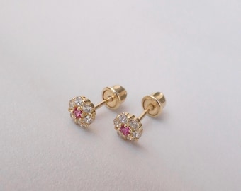 Baby Birthstone Earrings, 14k REAL Gold Screw Back, Birthday Gift, Safe Real Gold Earrings for Kids, Girls & Moms, 1st Birthday Gift