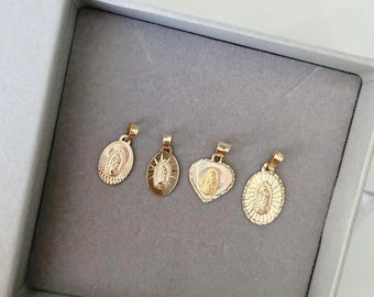 14k Gold Diamond Cut REAL Virgin Mary Pendant Gold Necklace with Custom Engraving