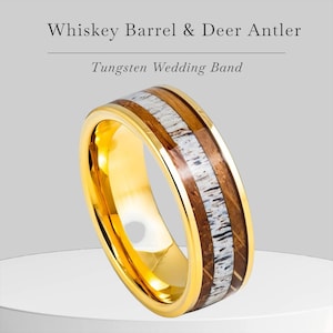 Gold Deer Antler Whiskey Barrel Wood Tungsten Wedding Band, Men’s Tungsten Carbide Ring,  Mens Anniversary Ring 8mm Unisex Ring