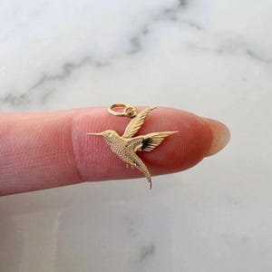 May include: A small gold-toned metal charm shaped like a hummingbird in flight. The charm features detailed textured wings and a pointed beak, with a circular jump ring attached at the top for hanging. The design captures the bird in a mid-air pose.