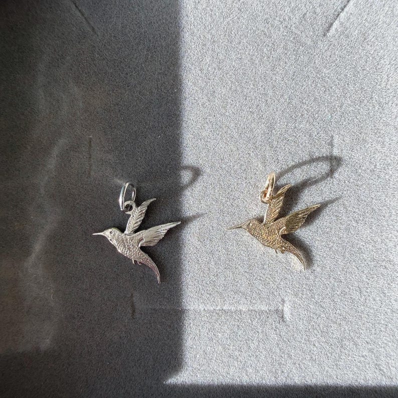 May include: Two hummingbird pendants, one in a silver-toned metal and one in a gold-toned metal. Each pendant features a detailed, textured bird in flight with wings extended and a small jump ring attached to the top for hanging on a chain.