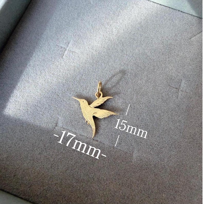14k Solid Gold Hummingbird Charm Pendant, Dainty Real Gold Bird Necklace Charm image 9