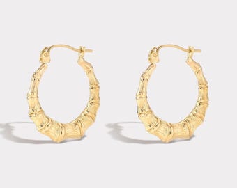 10K Solid Gold Bamboo Hoop Earrings | Real Gold Textured Hoops Gift for Her | 10K Yellow Gold Everyday Earrings