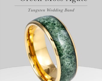 Green Moss Agate Ring Personalized Gold Tungsten Wedding Band with Engravable