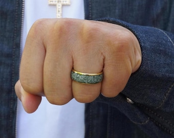 Green Moss Agate Ring Wedding Ring for Men, Gold Tungsten Ring,, Tungsten Wedding Ring, Wedding Band Men Gift, Proposal Ring, Promise Ring