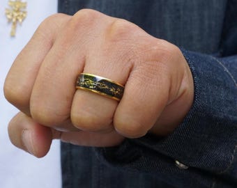 Bague inspirée des météorites en tungstène, alliance personnalisée en tungstène noir, bague en tungstène bombée avec imitation météorite pour lui
