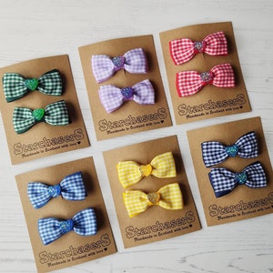 Set of 2 Gingham ribbon hair bows, a pair of adorable Checked ribbon bows with little heart centres. Choice of 16 Colours.