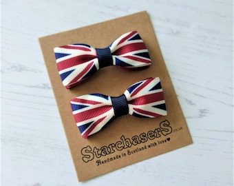 Union Jack Hair Clips - Handmade British Flag Bows (Pair)
