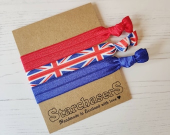 Union Flag Hair Ties - Handmade Elastic Bracelet Ties, (3-Pack)
