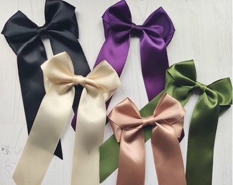 Large Long Tail Plain Satin Hairbow, Can also have a brooch back to wear as a neck tie. 28 Beautiful colours.