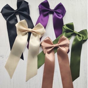 Large Long Tail Plain Satin Hairbow, 36 Beautiful colours. Can also have a brooch back to wear as a neck tie.