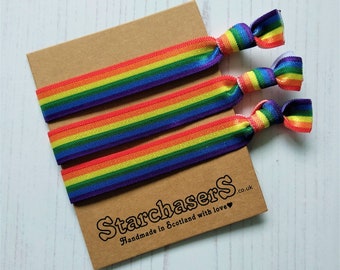 Rainbow Hair Ties pack of 3, No Snag Soft Hair Elastic or Friendship Bracelets, With Rainbow Stripes.