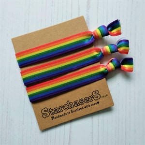 Rainbow Hair Ties pack of 3, No Snag Soft Hair Elastic or Friendship Bracelets, With Rainbow Stripes.