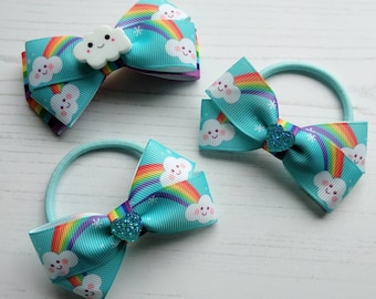 Handmade Girls Rainbow Flower Hair Bow Bobbles Sold In Pairs