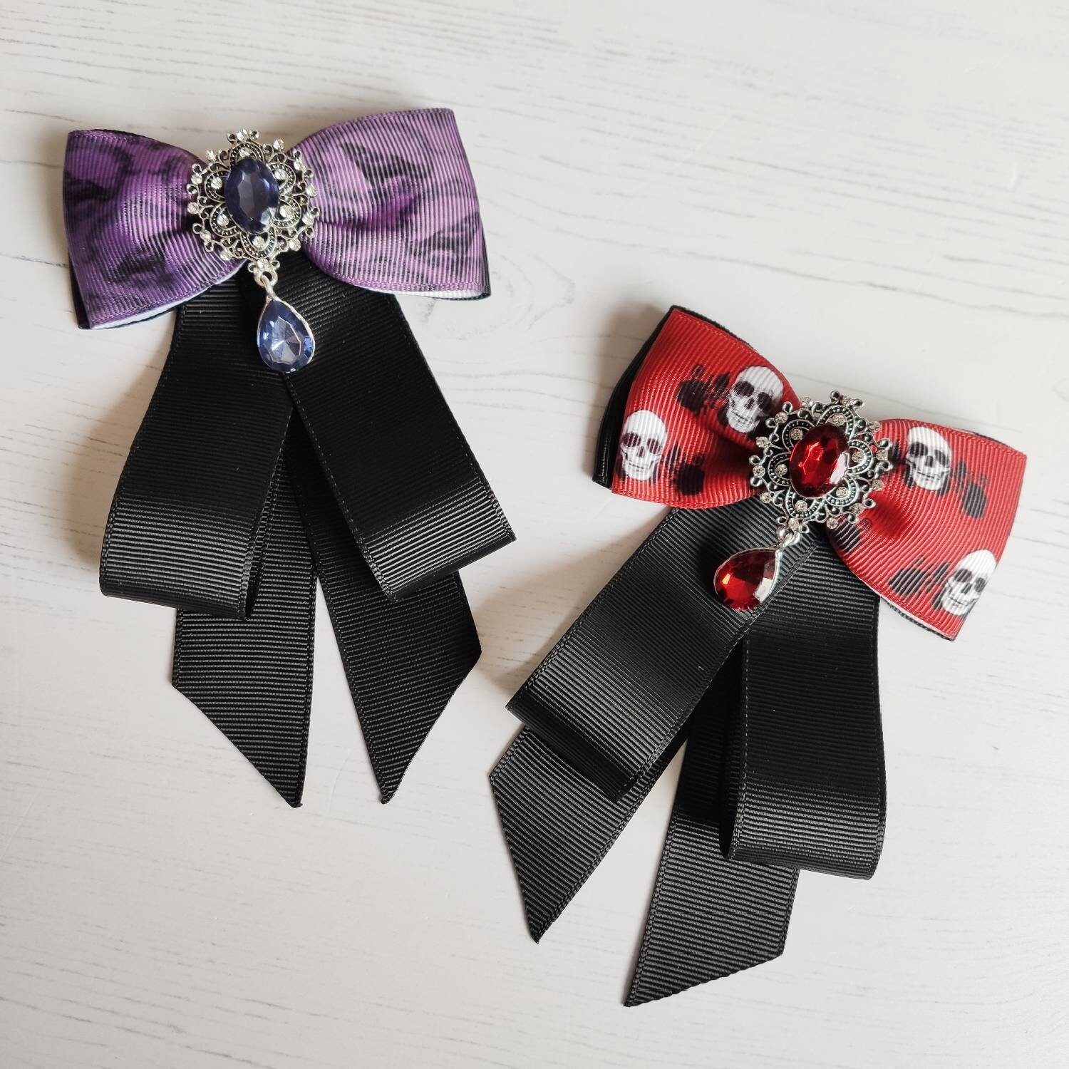 Gothic Neck Ribbon Brooch - Purple Raven or Red Skull With Sparkly ...