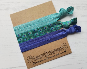 Peacock and Glitter Pack of 3 Elastic Hair Ties, No Snag gentle crease free hair scrunchies that can be worn as bracelets.