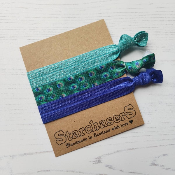 Peacock Glitter Hair Ties: Gentle No-Crease Elastic, Pack of 3