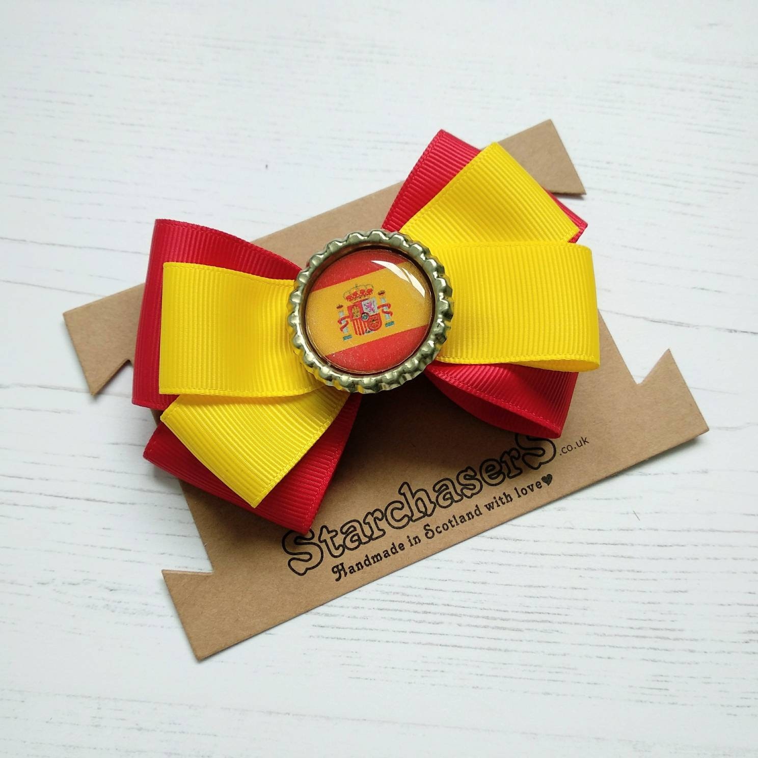 Spanish Flag hair bow, Support your team with this beautiful bow on a Clip or Barette, or elastic bobble.