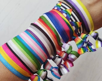 LGBTQIA+ Flag Elastic Wrist Bands or Hair Ties, Pack of 3. Mix and Match set - 28 Flags to choose from - Make a lovely Friendship gift.