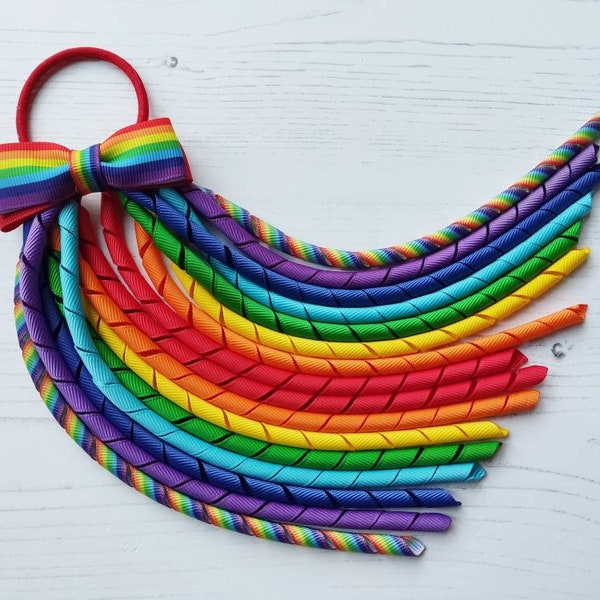 Rainbow Korker Hair Bobble or Alligator Clip, Beautiful Long hand curled ribbon 8" or 20cm long with Rainbow Bow