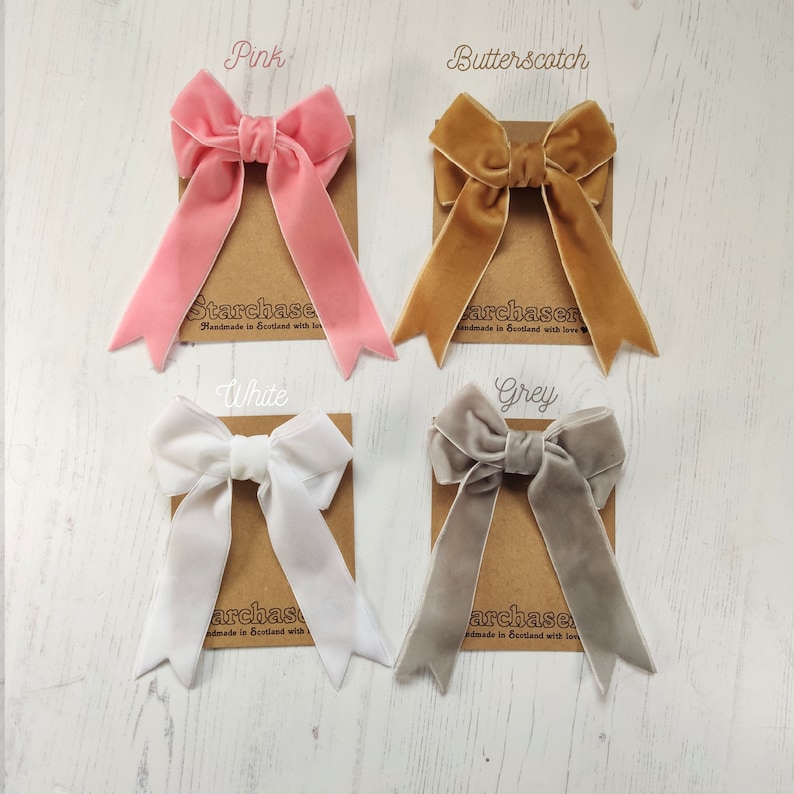 Small Velvet Ribbon Hair Bow in Choice of 27 Colours on Alligator Clip, Ponytail Elastic, or Brooch. image 4