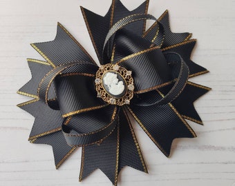 Gothic Cameo Hair Bow - Black & Gold Victorian Steampunk Ribbon Fascinator