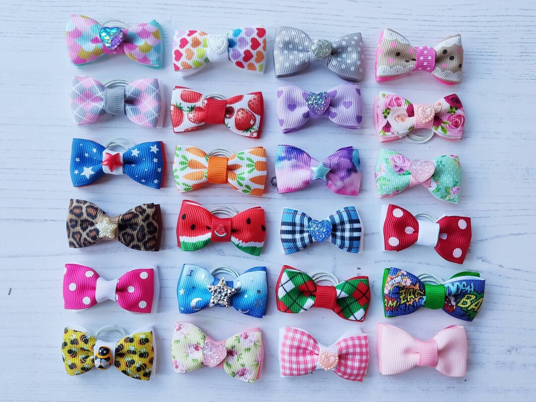 JpGdn 24PCS Big Dog Hair Bows For Large Dog Long Hair Solid Color Pink Bule Red Purple Yellow Green Orange Rose Girl Boy Bowknot Topknot Grooming Hair Accessories