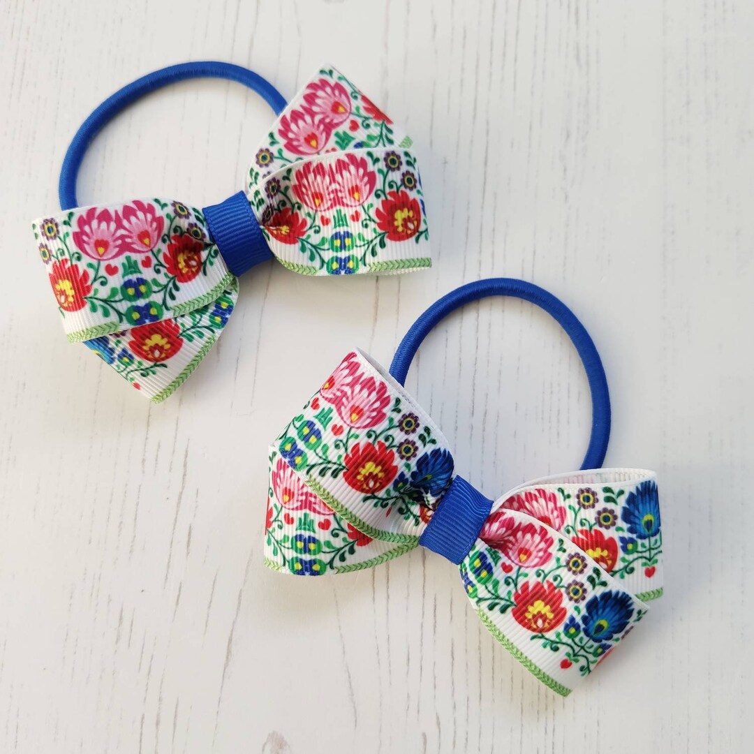 Small Rustic Bows Folk Art Floral Hair Bows, Traditional Grosgrain Ribbon Bows - Set of 2 ...