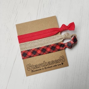 Red Tartan Hair Tie set, Pack of 3 soft elastic wristbands that can also be worn in your hair.