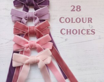 Long Velvet Thin Ribbon Bow on Alligator Clip, Ponytail Elastic, Barrette, or Brooch.  In 28 Beautiful Colours.