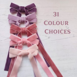 Long Velvet Thin Ribbon Bow on Alligator Clip, Ponytail Elastic, Barrette, or Brooch.  In 28 Beautiful Colours.